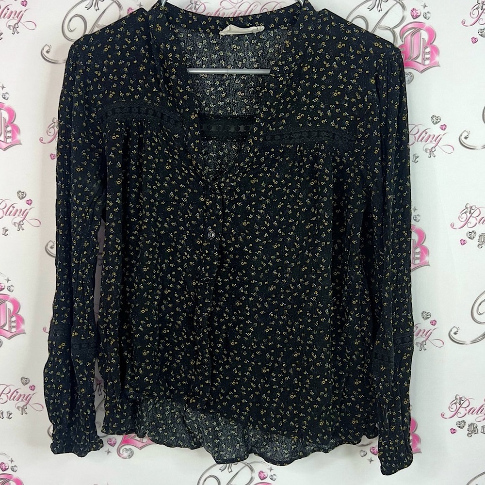 Everleigh Black Floral Blouse crochet detail accents yellow flowers
